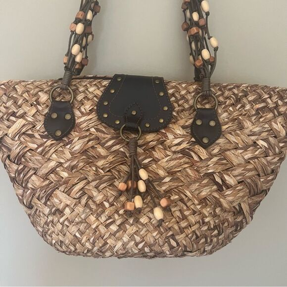 VTG Weaved Brown and Tan Woven Tote Purse with Beaded Braided Handles - Picture 1 of 16